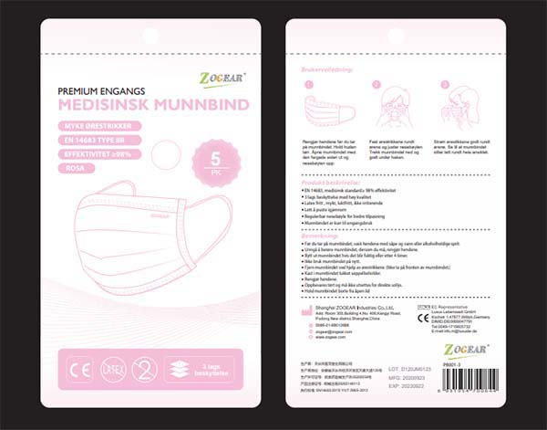 Munnbind kirurgisk Zogear IIR 3-lags strikk rosa