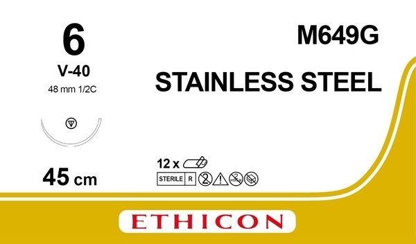Sutur Eticon ståltråd 8 V-40 Steril 45cm silver 1/2 TC 4 trådar Sutur J&J Surgical Steel, 6, 4x45cm, V-40