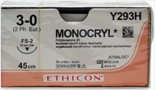 Sutur Monocryl 3-0 FS-2 19mm steril 45cm ofärg 3/8 cirk omv skär