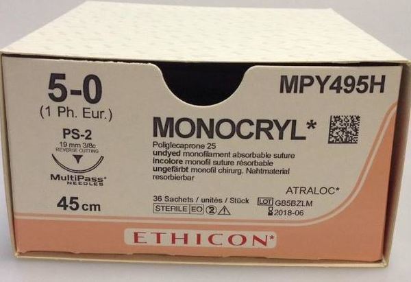 Sutur Monocryl 5-0 Ps-2 19mm Steril 45cm Ofärg 3/8 Cirk Omv Skär
