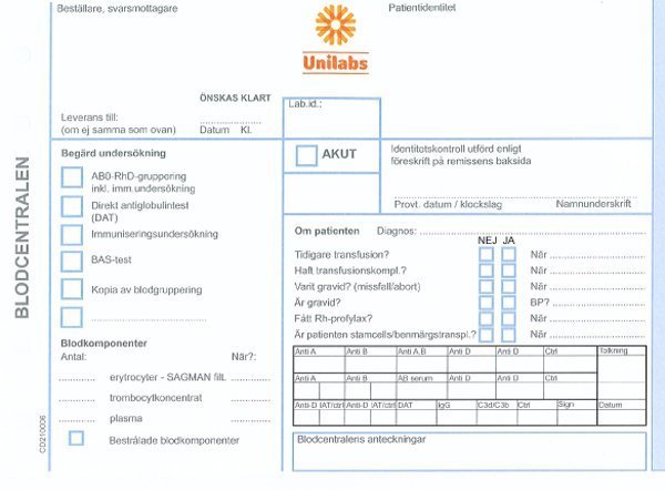 Remiss blodgruppserologi Sörmland Capio/Unilabs 100st/fp
