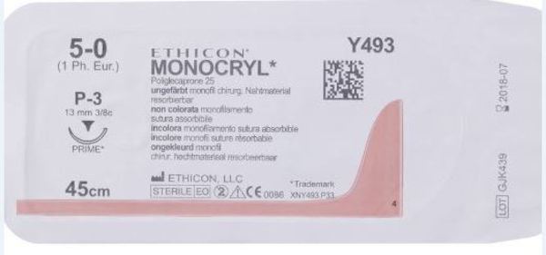 Sutur Monocryl 5-0 P-3 13mm steril 45cm ofärg 3/8 cirk omv skär