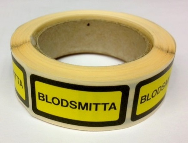 Etikett blodsmitta självhäftande 15x30mm gul/svart text max 250/fp