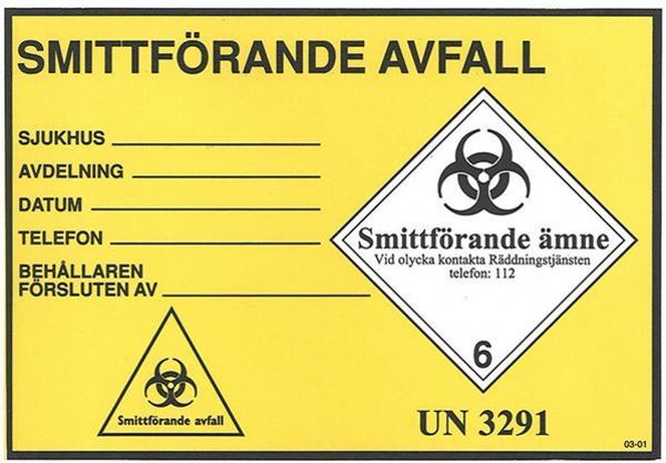 Etikett smittförande avfall 152x105mm gul/svart 100st/rle