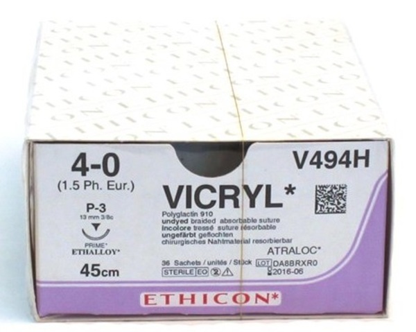 Sutur Vicryl 4-0 P-3 13mm steril 45cm ofärg 3/8 cirk omv skär