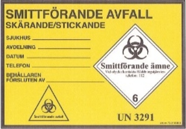 Etikett Smittförande avfall 105x152mm Gul/Svart 100st/rulle Skärande/Stickande UN 3291