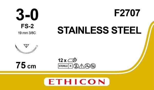 Sutur Steel 3-0 FS-2 19mm steril 75cm ofärg 3/8 cirk omv skär